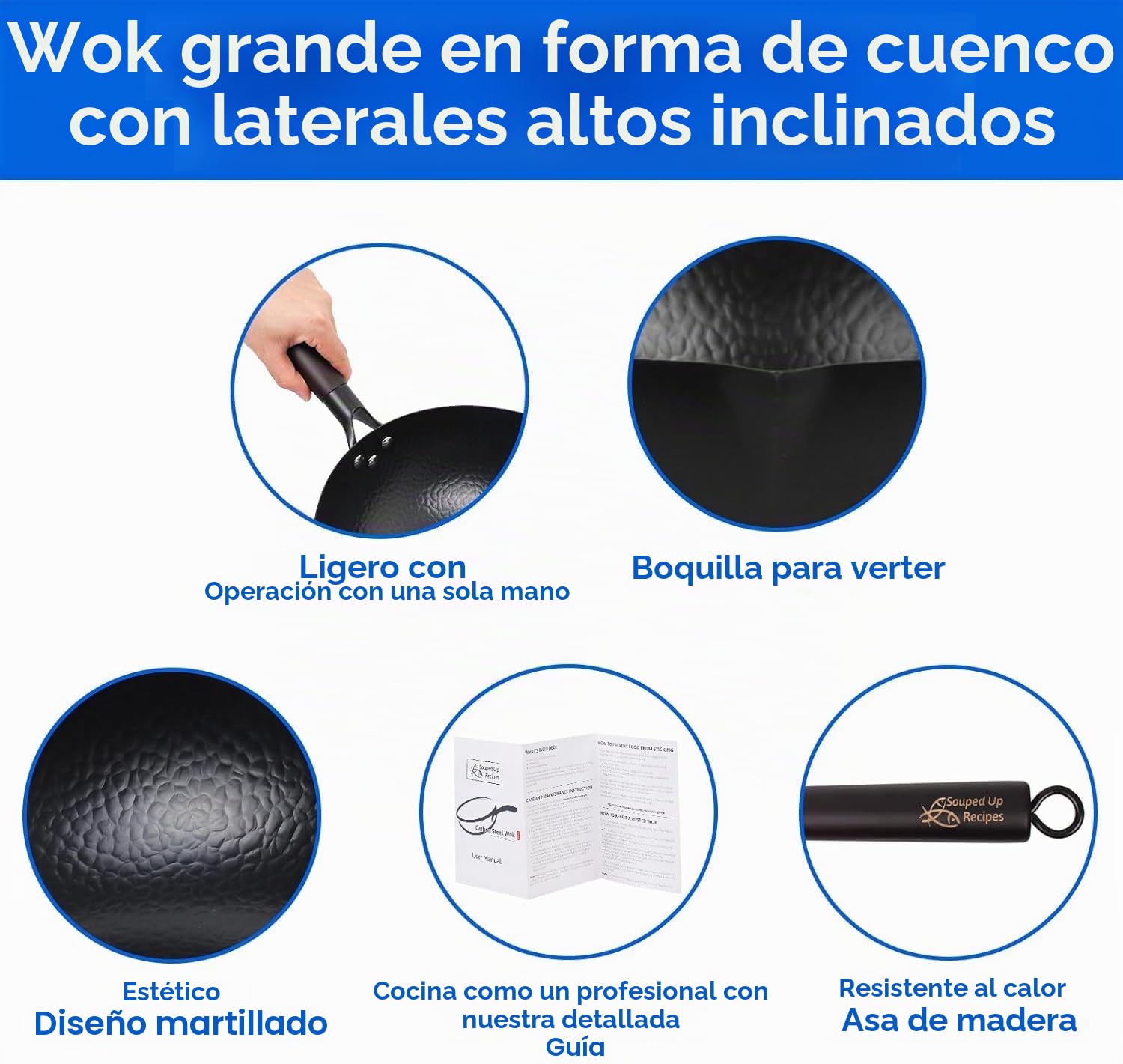 Souped Up Recipes Wok de acero al carbono para estufas eléctricas, de inducción y de gas (tapa, espátula y video de guía de usuario incluidos)