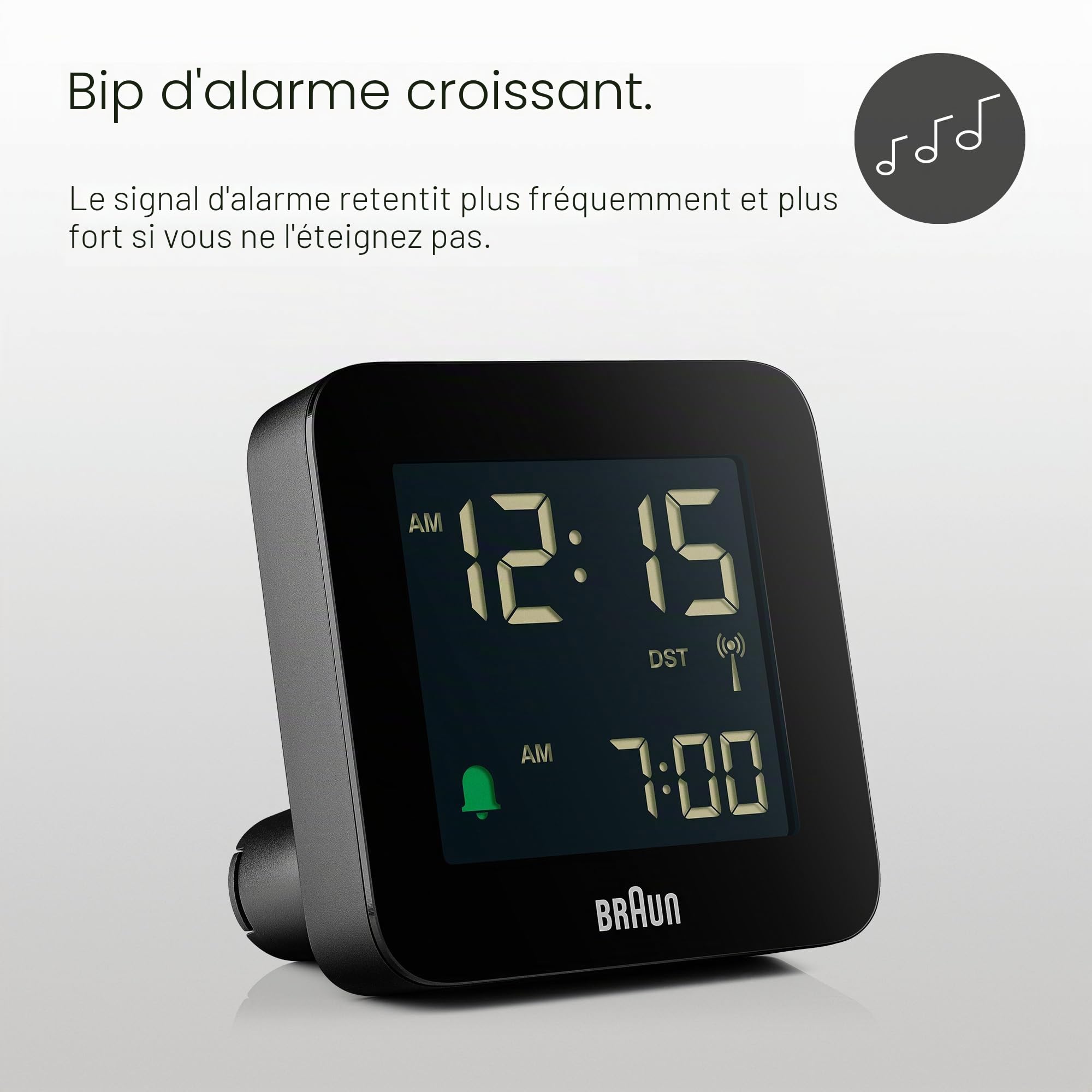Braun Réveil numérique radiocommandé pour Le Fuseau horaire de l’Europe Centrale (DCF) avec Fonction Snooze, écran LCD négatif, réglage Rapide, bip de l’Alarme en Crescendo, en Noir, modèle BC09B-DCF