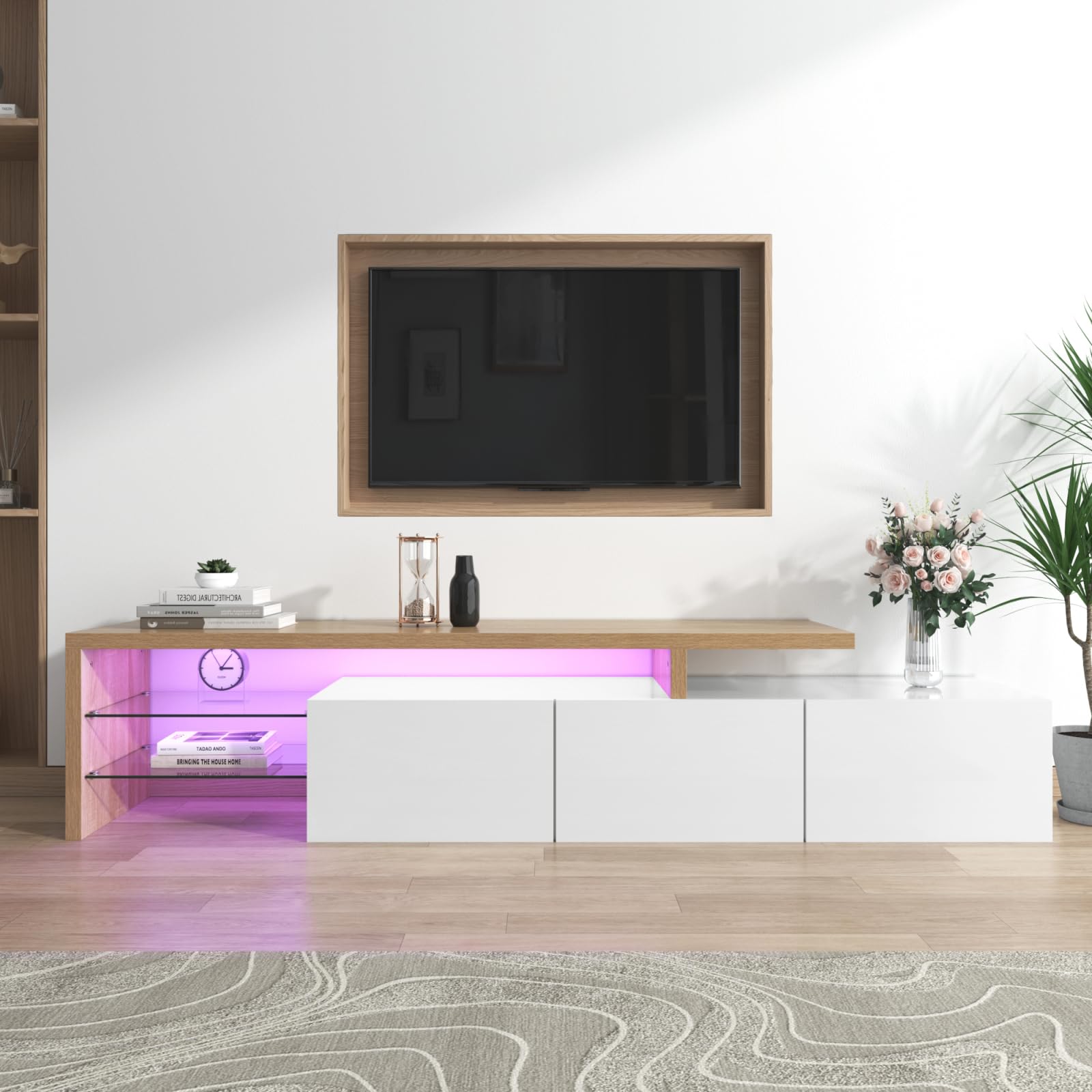 Szafka pod telewizor LED, biała i drewniana szafka telewizyjna, Tele Design z lampkami LED, wygodne przechowywanie, ławka TV do salonu lub sypialni, 197,5x39x42 cm (biały-A01)