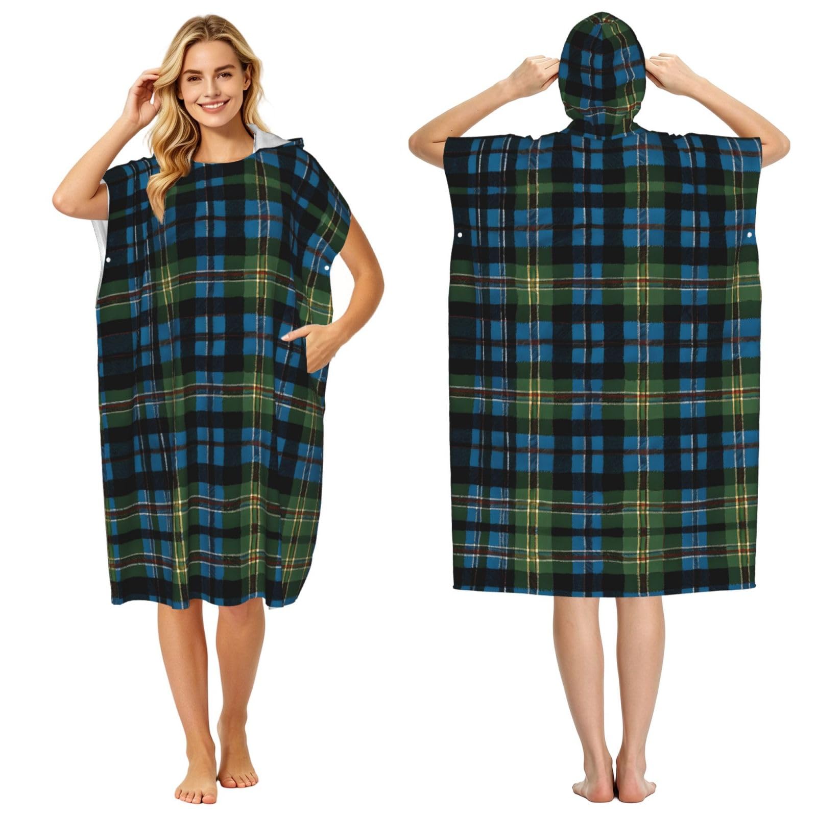 Poncho léger à capuche séchage rapide imprimé tartan bleu et vert
