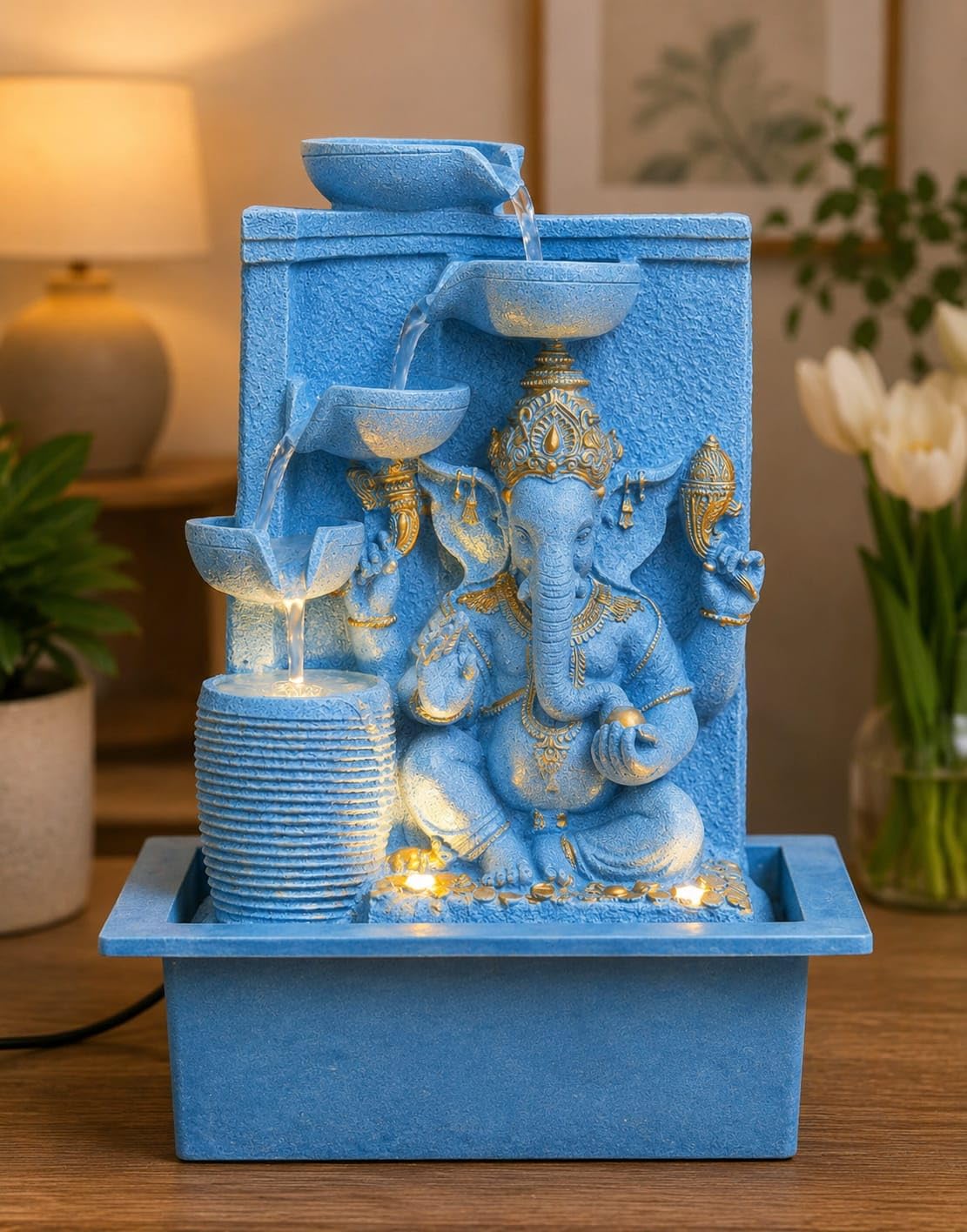 Ganesha Indoor Water Fountain with LED Lights, Blue & Gold, Resin, Tabletop Decor, Cascading Tiers-image-27