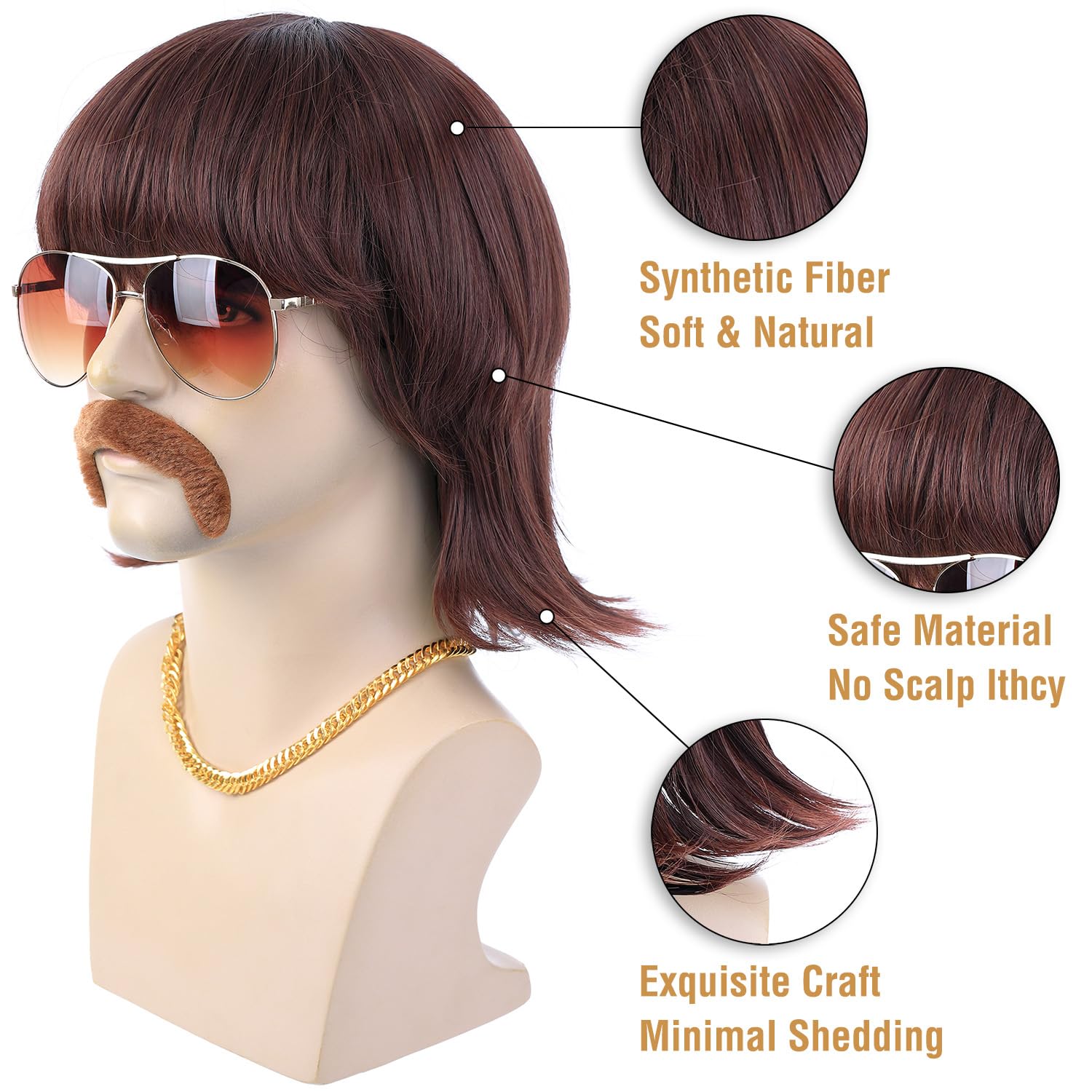 morvally 5pcs Set 70s 80s Disco Wig with Mustache Glasses and Chain | Short Brown Mens Mullet Wig for 60s Singer Rocker Hippies Costume Cosplay Halloween Party - Image 4