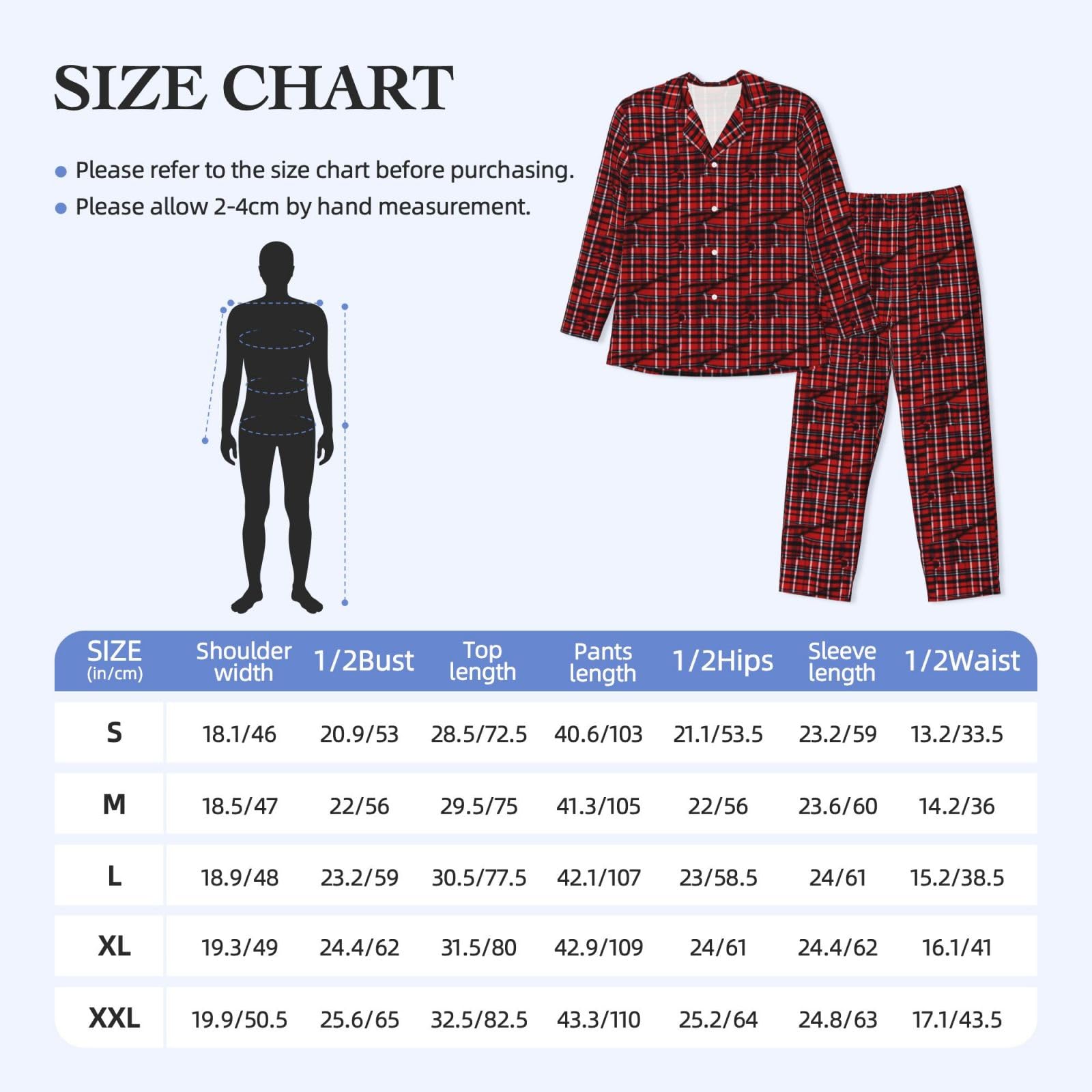 Herren-Pyjama-Set, langärmelig, kariert, zweiteilig, bequem, Nachtwäsche, Rot und Schwarz