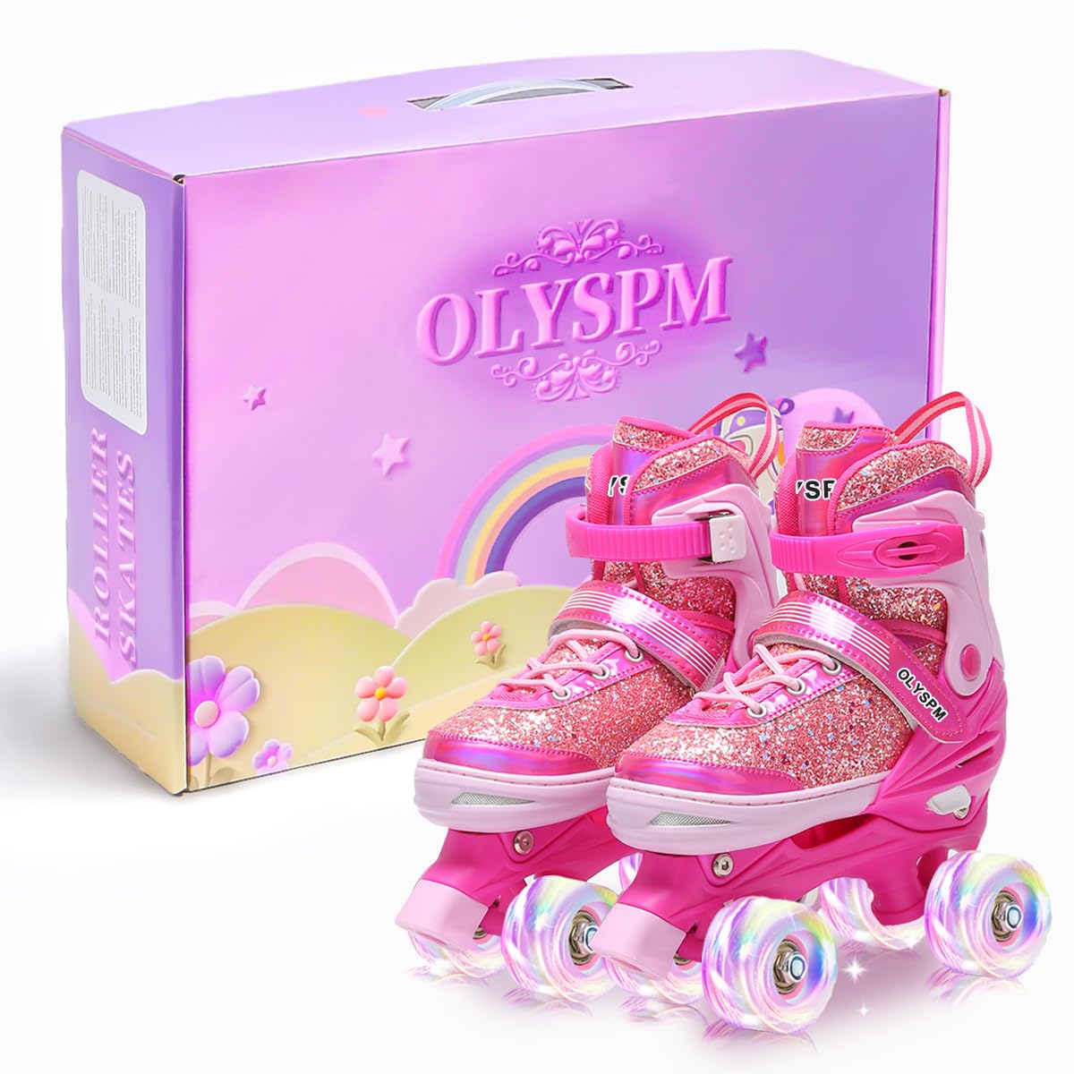 Roller Enfant Fille,Empeigne Fluorescente,4 Taille Réglable,Patin a Roulette Fille avec 8 Roues Lumineuses de Rangement pour Enfants,Adolescents,Débutants
