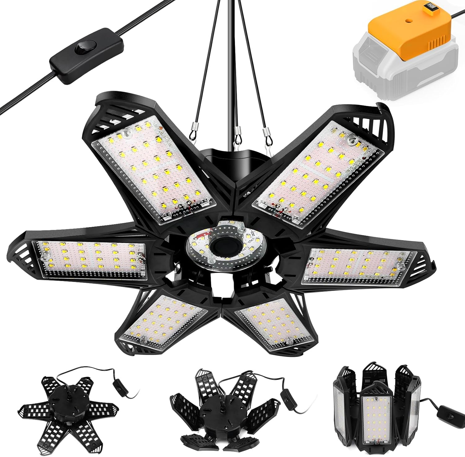 LIVOWALNY LED Work Light Compatible with Dewalt 20V Battery, 68W 6800LM LED Garage Flood Lights with 6+1 Deformable Panels, Battery Powered Pendant Ceiling Light for Shed Workshop Garage Home