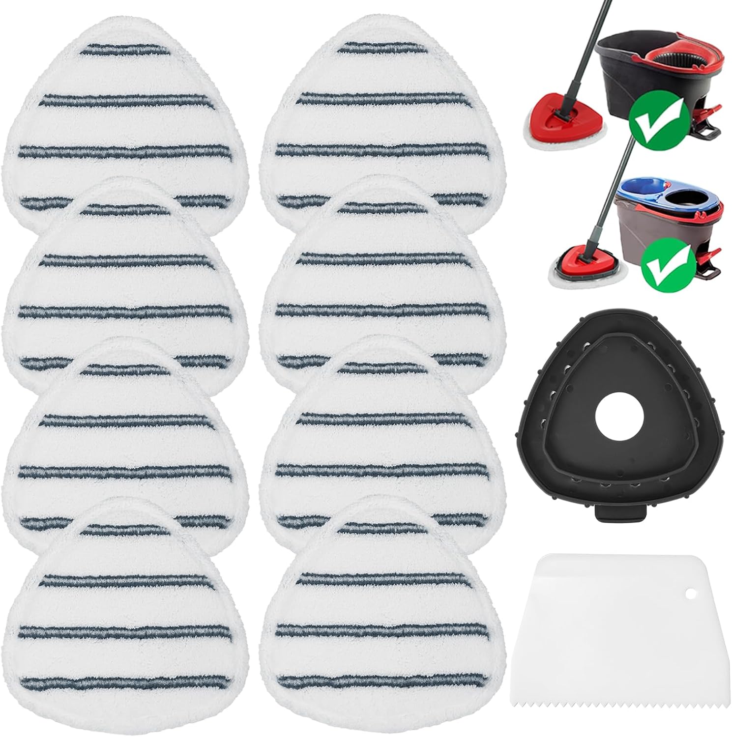 Flat Mop Head Replacements, Microfiber Mopping Pads Refills, 8-Pack Spin Mop Pads + 1 Plastic Pad &1 Scrape for Floor, Wall & Ceiling Cleaning - Fits EasyWring & RinseClean Systems