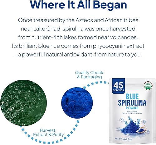Miniatura 7 de Polvo de espirulina azul orgánico, ficocianina, sin olor a pescado, 45 porciones, colorante natural de alta calidad sin tinte azul para licuados de