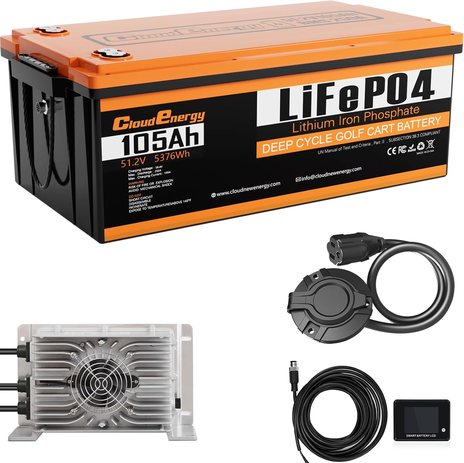 Cloudenergy 48V(51.2V) 105AH LiFePO4 Lithium Golf Cart Battery Built-in 250A BMS,3C Discharge,with 20A Charger,Mobile APP,Touch Monitor,6000+ Cycles,Perfect for Golf Carts (GFA48V-105AH with Charger)