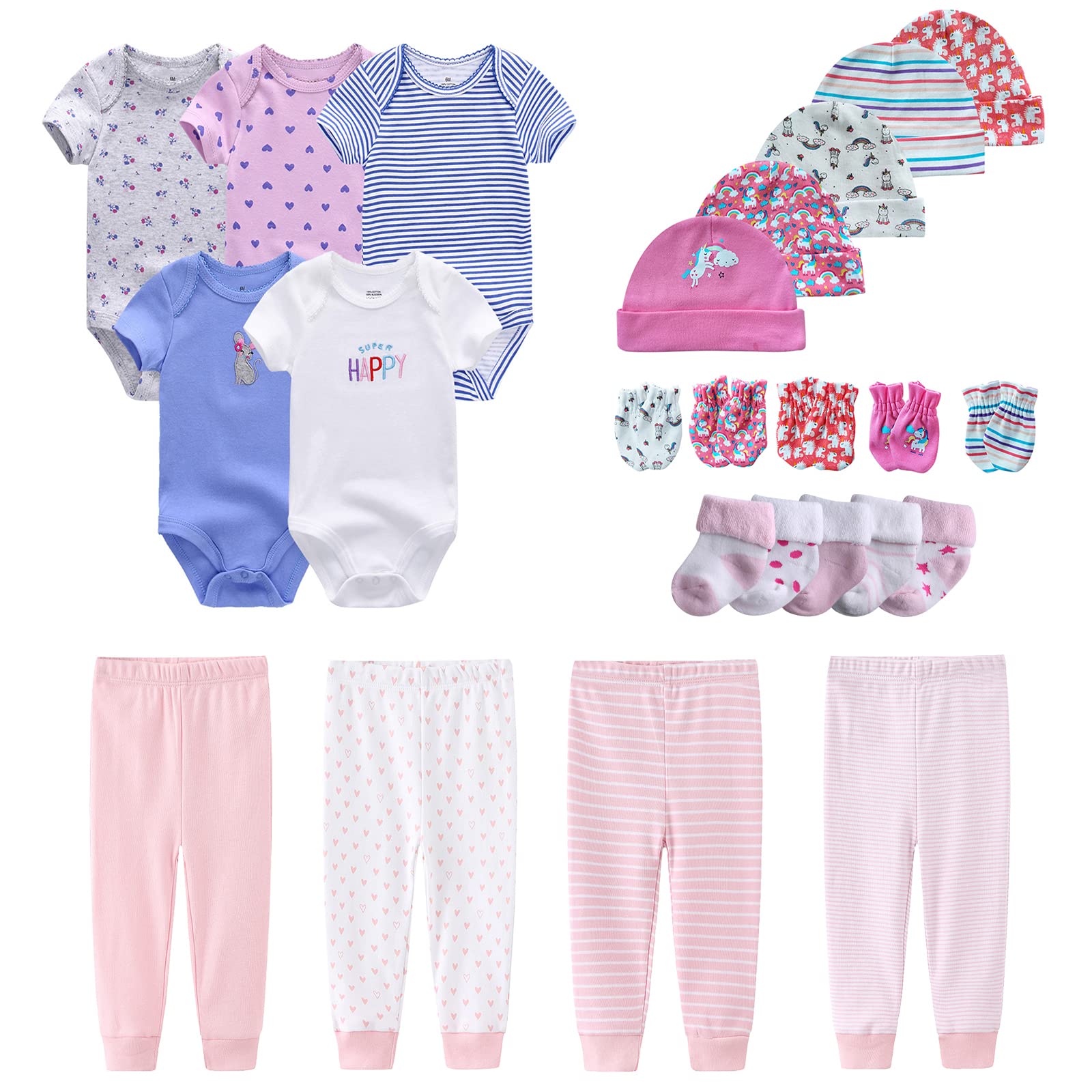 MAMIMAKA Newborn Layette Gift Set Bodysuits Pants for Baby Girl and Boy 24 Piece 100% Cotton Essentials and Accessories