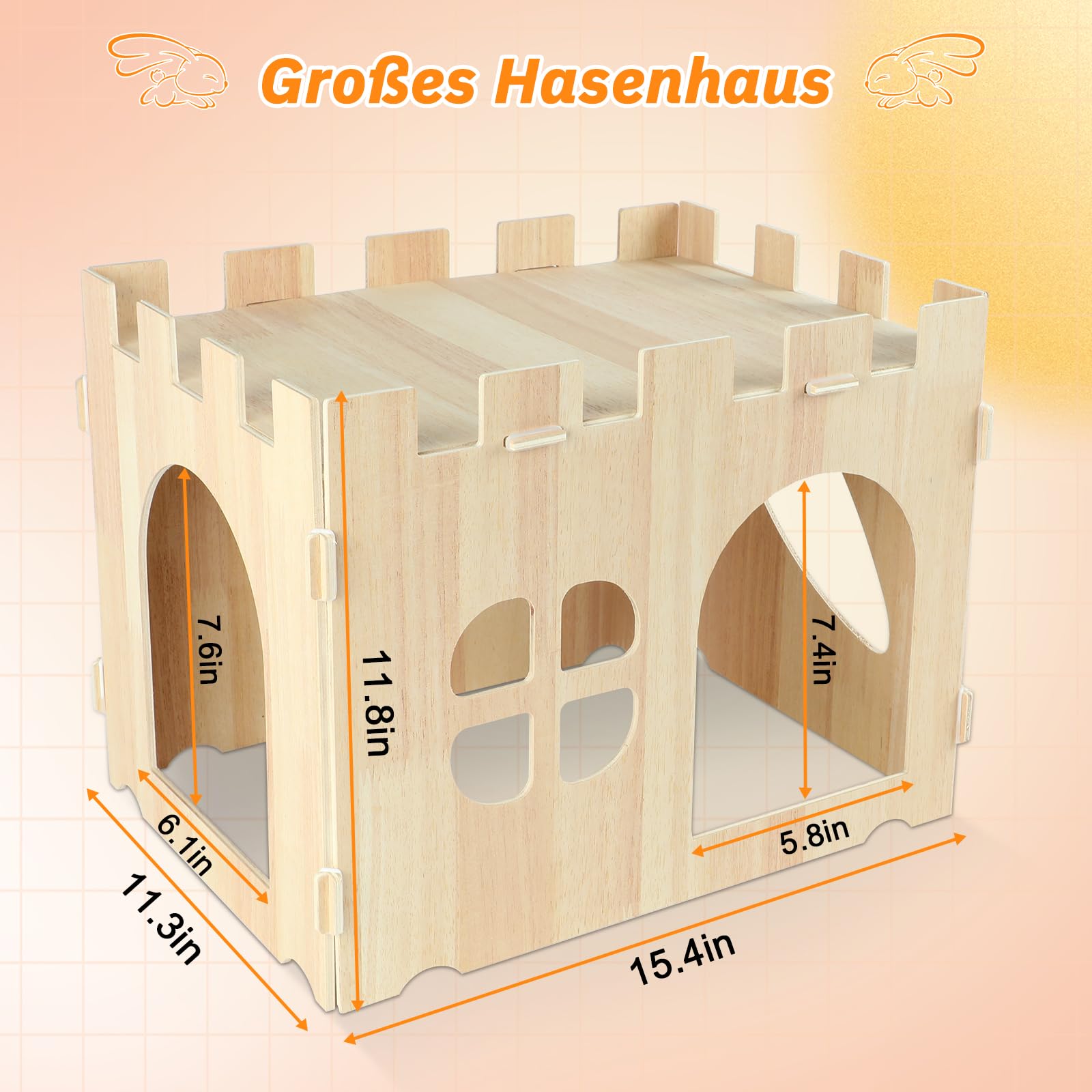 Großes Kaninchenhaus und Verstecke Hölzernes Kaninchen Versteck Schloss Abnehmbares Kaninchen Spielhaus für Indoor erwachsenes Bunny Meerschweinchen Chinchilla Habitat