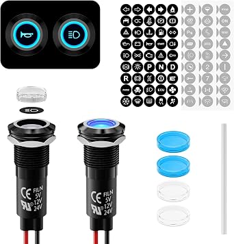 2pcs 12mm Metal LED Indicator Light, 12-24V DC IP67 Waterproof Signal Lamp 180 Interchangeable Symbols Dashboard Warning Light for Automotive, Marine Industrial Use Blue Lamp Die-Cast  [Energy Class G]