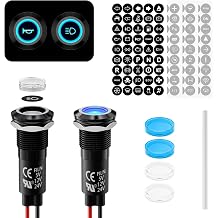 2pcs 12mm Metal LED Indicator Light, 12-24V DC IP67 Waterproof Signal Lamp 180 Interchangeable Symbols Dashboard Warning Light for Automotive, Marine Industrial Use Blue Lamp Die-Cast  [Energy Class G]