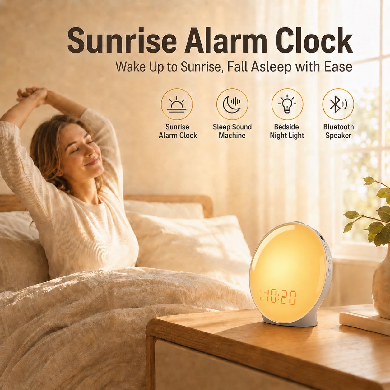 JALL Réveil lumineux plein écran pour chambre à coucher, machine à bruit blanc pour les dormeurs lourds, 25 sons naturels, double alarme, radio FM, 17 couleurs à intensité variable, haut-parleur
