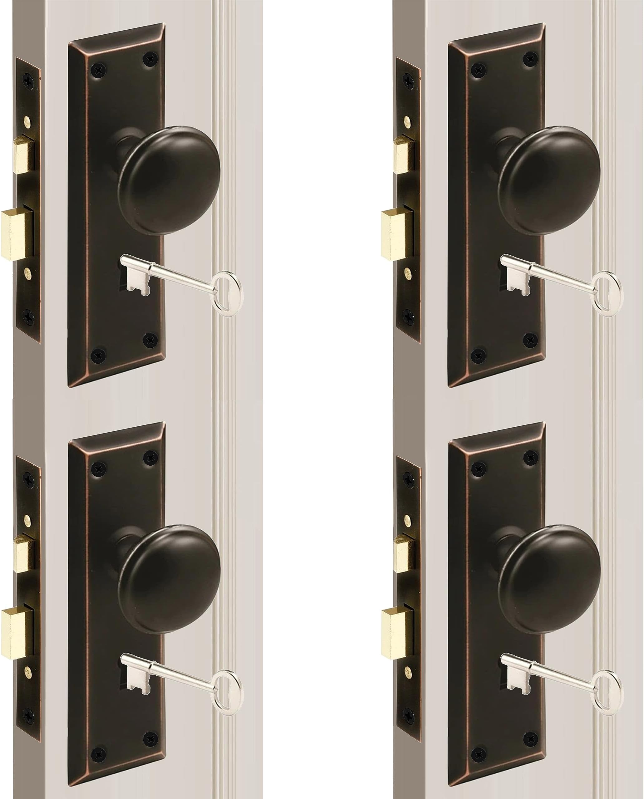 MaxxGeek Mortise Keyed Lock Set with Classic Knobs, Perfect for Replacing Broken Antique Door Knob Sets, Fits 1-3/8 in.-1-3/4 in. Interior Doors, Oil Rubbed Bronze, 4 Pack