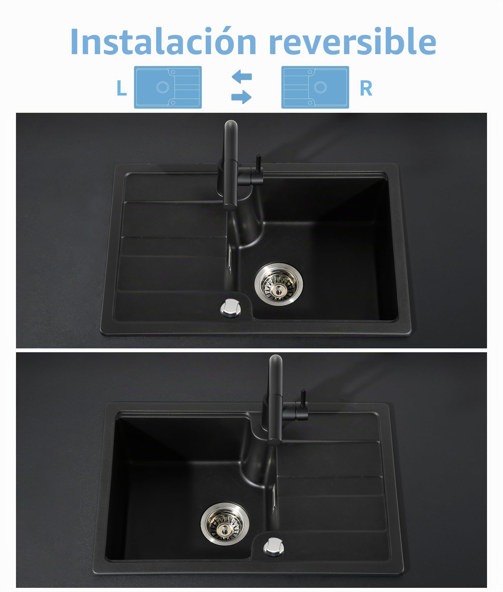 Fregadero Cocina Negro de Granito,Fregadero Cocina 1 Seno con Escurridor 65x43cm,Cesta de Escurrido + Fregadero Interior Adicional + Accesorios de Desagüe,Apto para Muebles Bajos desde 40cm de Ancho