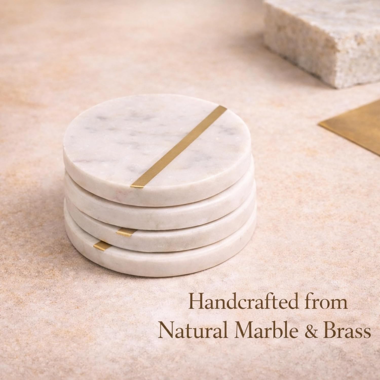 White Marble Drink Coasters with Gold Brass Inlay, Set of 6 – Handcrafted from Real Solid Marble, 4 Inch Round Coasters for Drinks. - Image 9