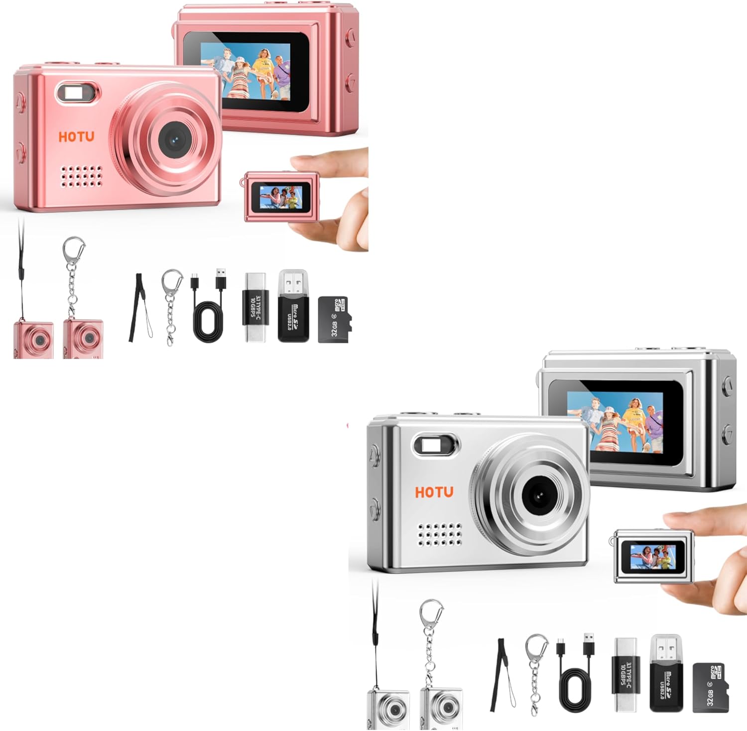 Mini Keychain Digital Camera, Y2K Pocket-Size Mini Camera, 2MP 1080P Small Camera with 32GB Card, Video Recorder with Long Battery Life for Travel, Party and Vlog (Rose Gold&Silver)