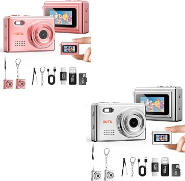 HOTU Mini Keychain Digital Camera, Y2K Pocket-Size Mini Camera, 2MP 1080P Small Camera with 32GB Card, Video Recorder with Long Battery Life for Travel, Party and Vlog Rose Gold&Silver