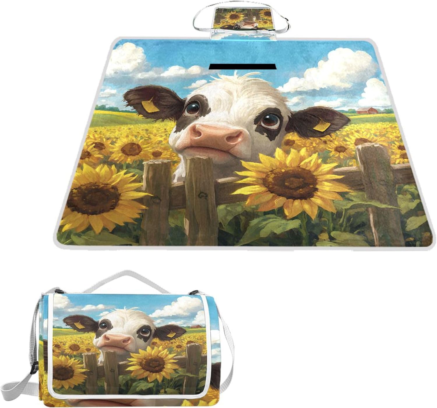 MNSRUU Picnic Blanket Waterproof Foldable, Milk Cow Sunflowers Large Outdoor Picnic Blanket Beach Blankets Camping Blanket Travel Mat, Shoulder Strap Tote, Rectangle 57x59in