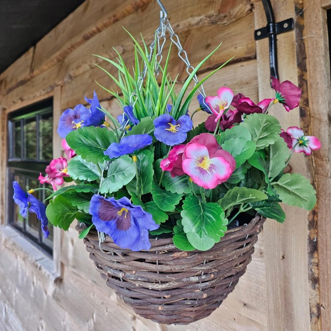 Best Artificial Plum & Lilac 10" Wicker Rattan Basket With 30Cm Pansy Flower Display - Suitable For Outdoor, Indoor And Garden (Multi Listing) (Plum & Lilac)