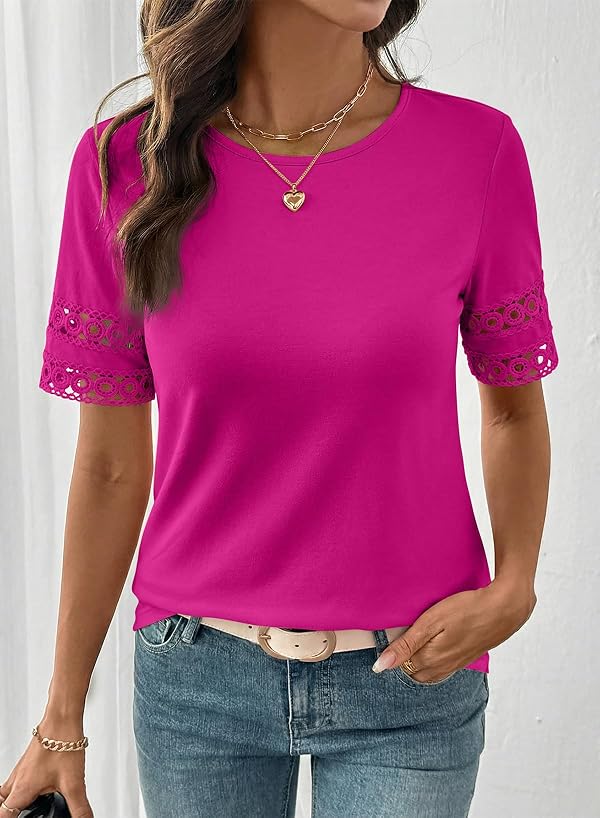 SHEWIN Blouses for Women Casual Crew Neck Womens Short Sleeve Tops Lightweight Womens T Shirts Pullover Summer Tops for Women,(US 8-10) M,Rose Red by SHEWIN - Used condition - Image 3