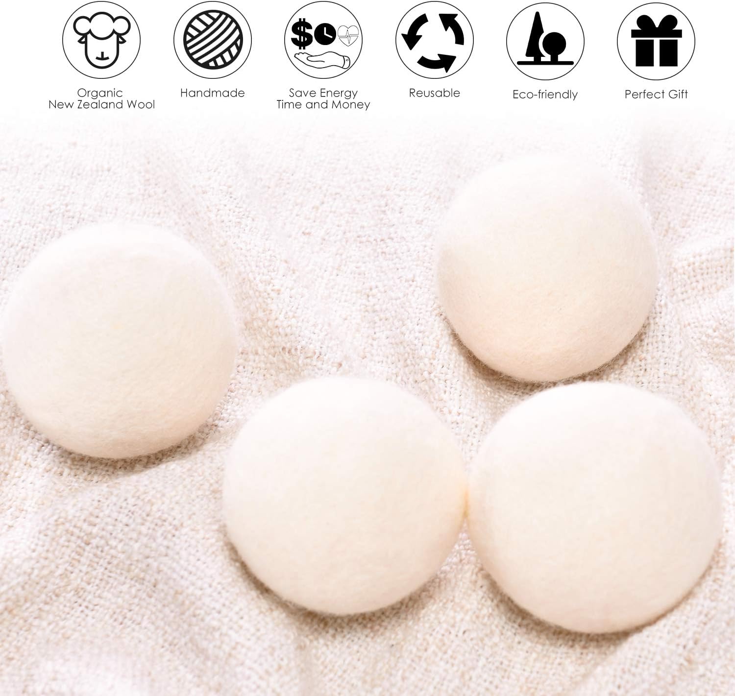 Wool Dryer Balls 4 White 4 Pack XL Landry Dryer Balls Reusable Natural Fabric Softener New Zealand Organic Wool Handmade Shorten Drying Time by WANTELL (White, 4XL)