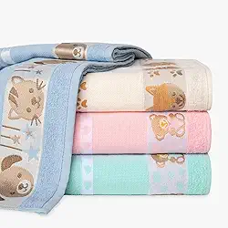 Kit 4 Toalhas De Banho Infantil Ponto Cruz Barras Com Desenhos Bordados 75x1.10m