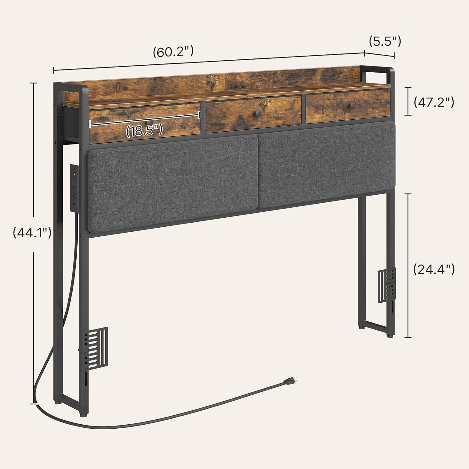 Queen Size Headboard Only, Queen Head Board with Charging Station, Headboard with Non-Woven Fabric Drawers and Storage, Height Adjustable, for Bedroom, Rustic Brown and Black