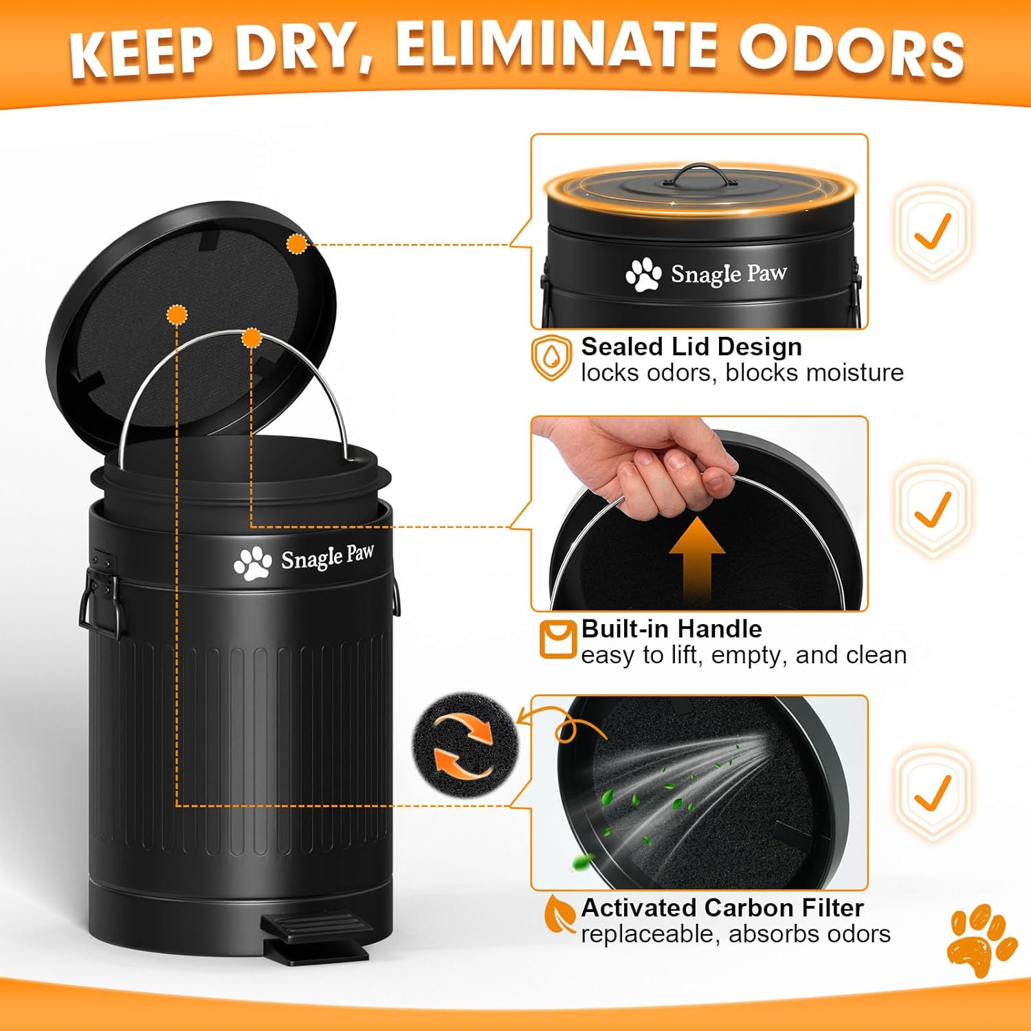 Snagle Paw Metal Dog Pooper Scooper Set,Poop Scooper for Large/Small Dogs with 38.2" Long Handle Tray & Spade,12L Dog Poop Trash Can for Yard with OdorLock Lid & Carbon Filter, Includes 40 Waste Bags