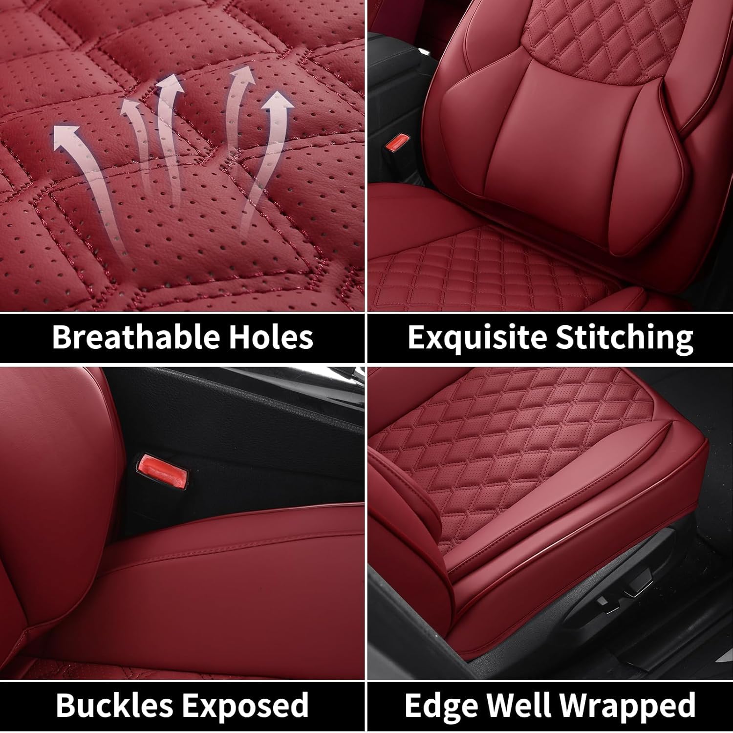 Car Seat Covers, Luxury Faux Leather Waterproof Non-Slip Women Seat Protector Universal Fit for Most Cars SUVs Trucks Pick-ups,Car Interior Accessories-SQ19 (Wine Red-Full Set) image 6 of 9 B0FF42ZX7W