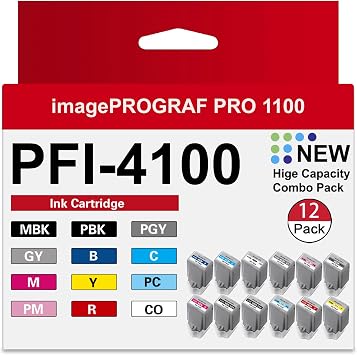PFI-4100 Ink Cartridges - High Capacity Compatible for Canon imagePROGRAF PRO 1100 Printer, 12-Pack MBK, PBK, C, M, Y, R, GY, B, PGY, PC, PM, CO