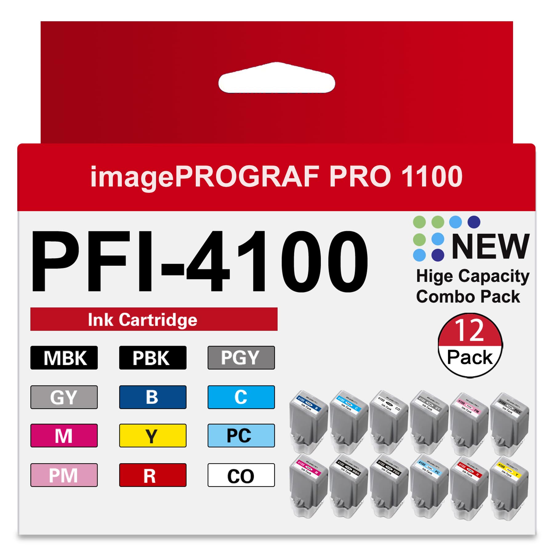 PFI-4100 Ink Cartridges - High Capacity Compatible for Canon imagePROGRAF PRO 1100 Printer, 12-Pack (MBK, PBK, C, M, Y, R, GY, B, PGY, PC, PM, CO)