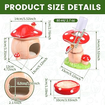4Pcs Ceramic Hamster Hideout Set, Cute Mushroom Small Animal House, Food Bowl & Water Bottle Stand with 80ml Bottle, Chew-Proof Cage Accessories for Mice, Gerbils & Guinea Pigs