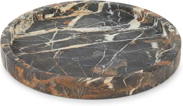 Bey-Berk Robbie Round Brown Marble Tray and Catch-All, 10" Diameter Organizer, Warm Veined Stone Accent