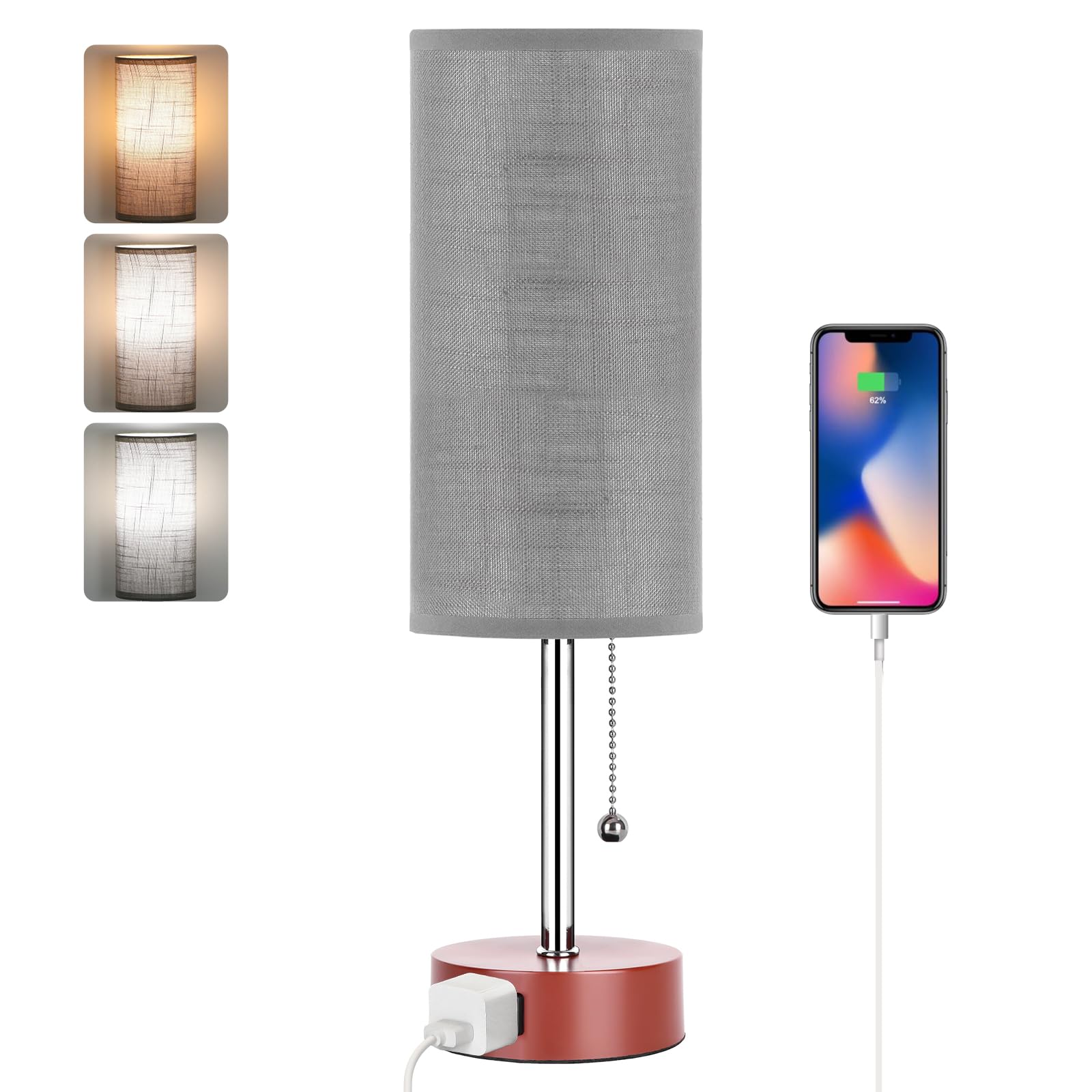 Dott Arts Table Lamp for Bedroom, 3-Color Bedside Lamps with Pull Chain, Bedroom Table Lamps for Nightstand,AC Outlet Small Lamp for Living Room, Bulb Included Grey Striped