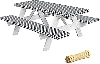 Vista 1 de LINPRO Funda de mesa de picnic de alta calidad con fundas de banco, accesorios elásticos de vinilo ajustable para caravanas y campistas, Negro
