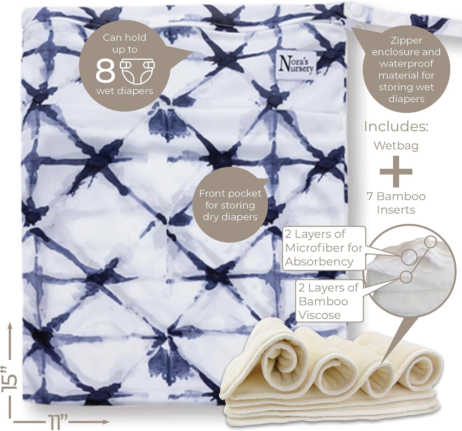 Nora's Nursery Cloth Diapers 7 Pack with 7 Inserts & 1 Wet Bag - Waterproof Cover, Washable, Reusable & One Size Adjustable Pocket Diapers for Newborns and Toddlers - Harlow - Image 6