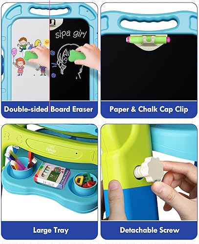 Miniatura 5 de Lehoo Castle Caballete para niños, caballete de arte 4 en 1 de doble cara para niños con pizarra blanca magnética y pizarra de tiza, caballete