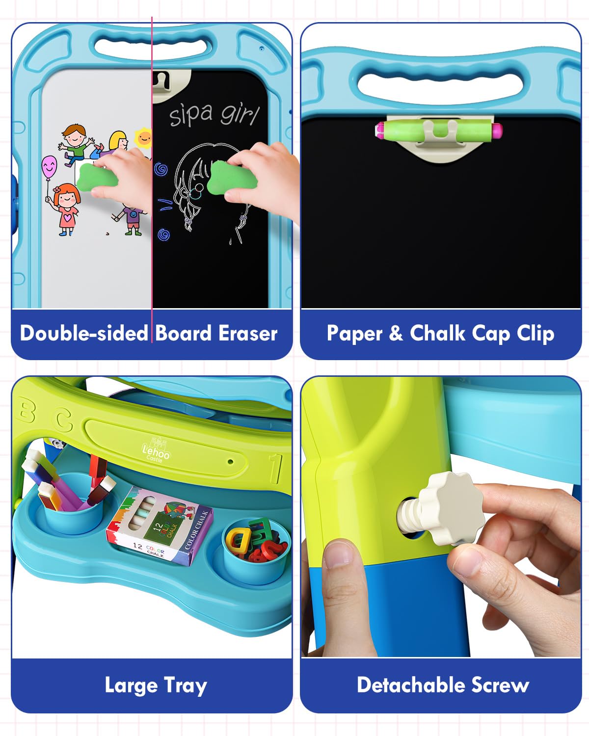 Caballete para niños, caballete de arte 4 en 1 de doble cara para niños con pizarra blanca magnética y pizarra de tiza, caballete ajustable para niños y niñas con accesorios de dibujo y 5