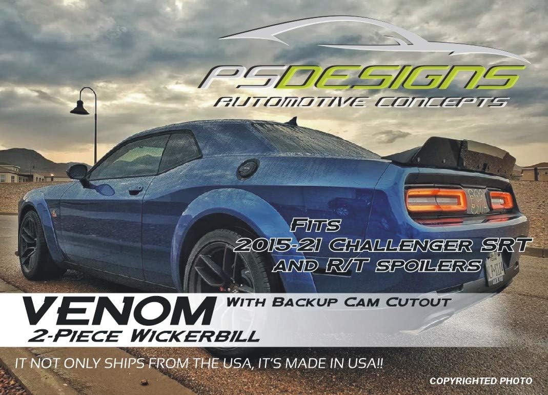 PSDesigns - Venom Series PSDesigns Venom 2 Piece Wickerbill Spoiler with Camera Cut Out Compatible with 2015-21 Challenger RT SRT Hellcat Scat Pack Models Includes RivNut Tool