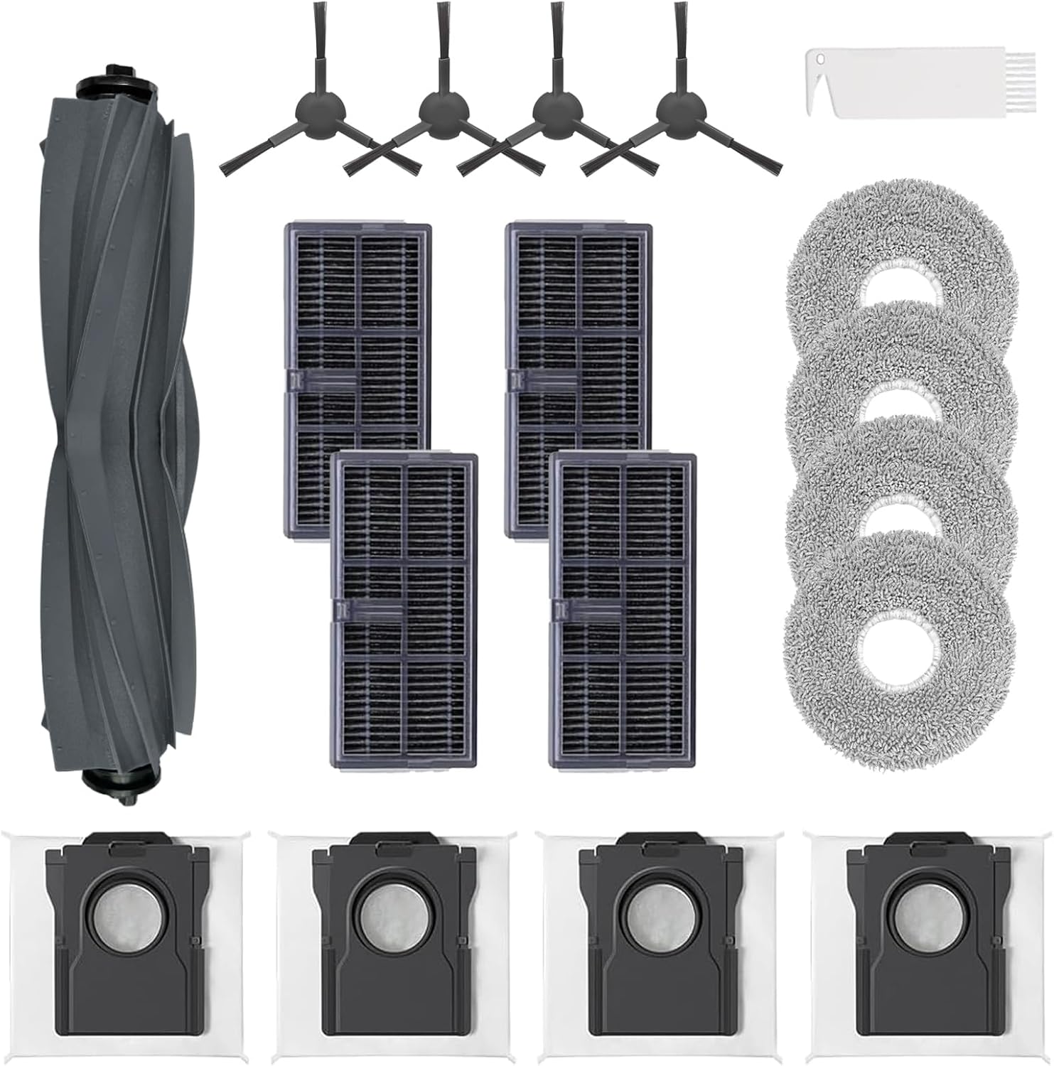 18Pcs Replacement Parts for Dreame X30 Ultra/L10s Pro Ultra Heat/L10s Ultra Gen 2 Vacuum Cleaner Accessories Kit, 1 Main Brush 4 Mop Pads 4 Hepa Filters 4 Vacuum Bags 4 Side Brushes, 1 Cleaning brush