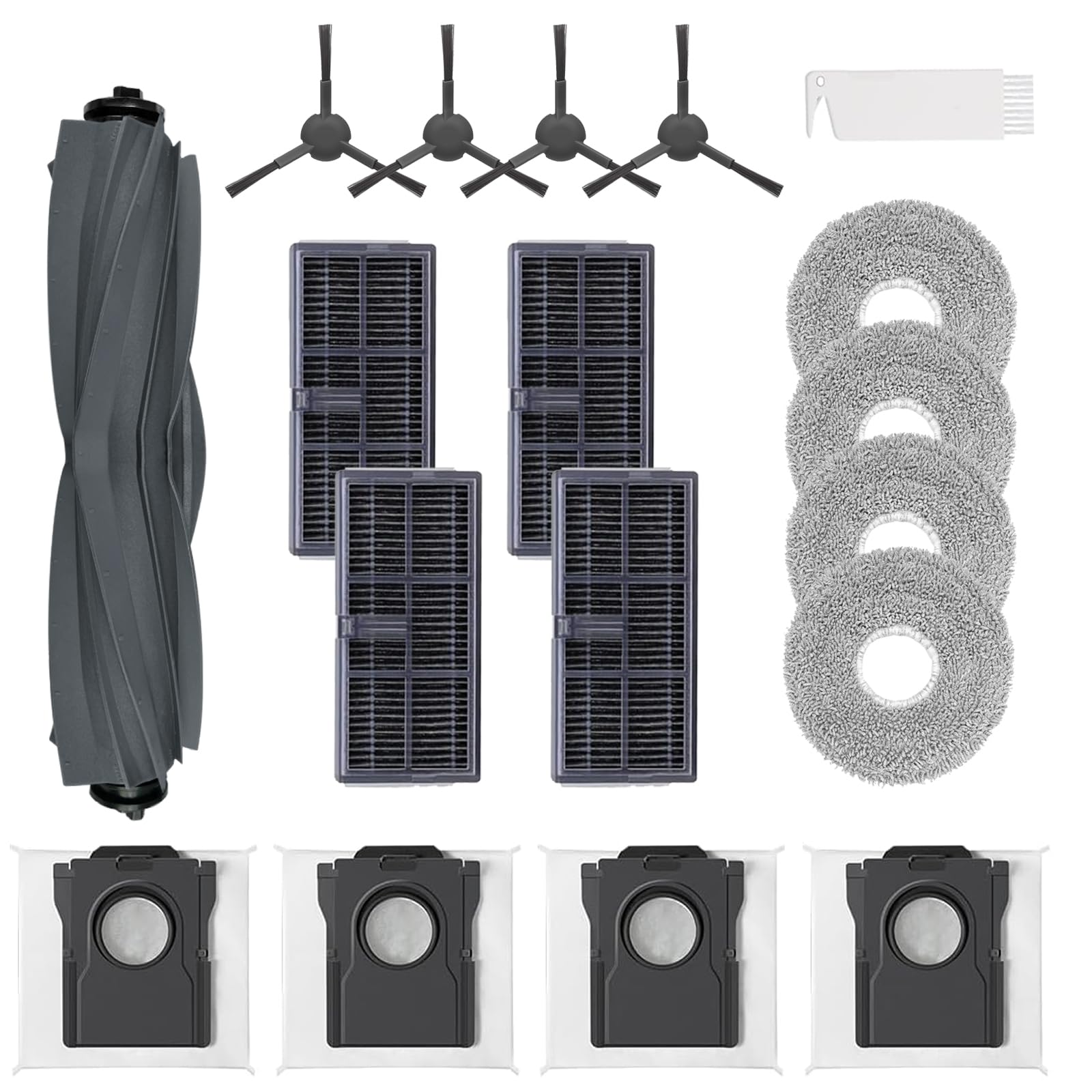 18pcs replacement parts for dreame x30 ultra, l10s pro ultra heat vacuum cleaner accessories kit, 1 main brush 4 mop pads 4 hepa filters 4 vacuum bags 4 side brushes, 1 cleaning brush