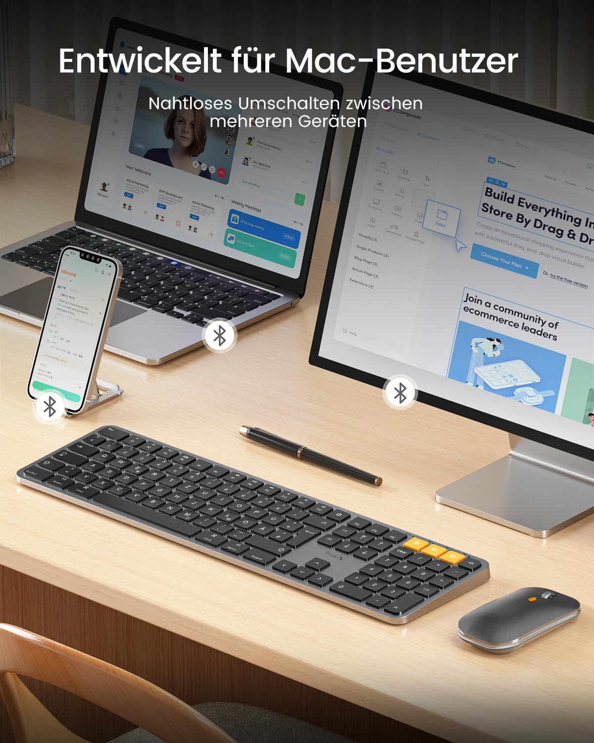 ProtoArc Klawiatura i mysz Bluetooth do Mac, KM100-A Multi-Device Wireless Keyboard Mouse, pełny rozmiar, ponowne ładowanie do MacBook Pro/Air, iPhone, iPad, biała
