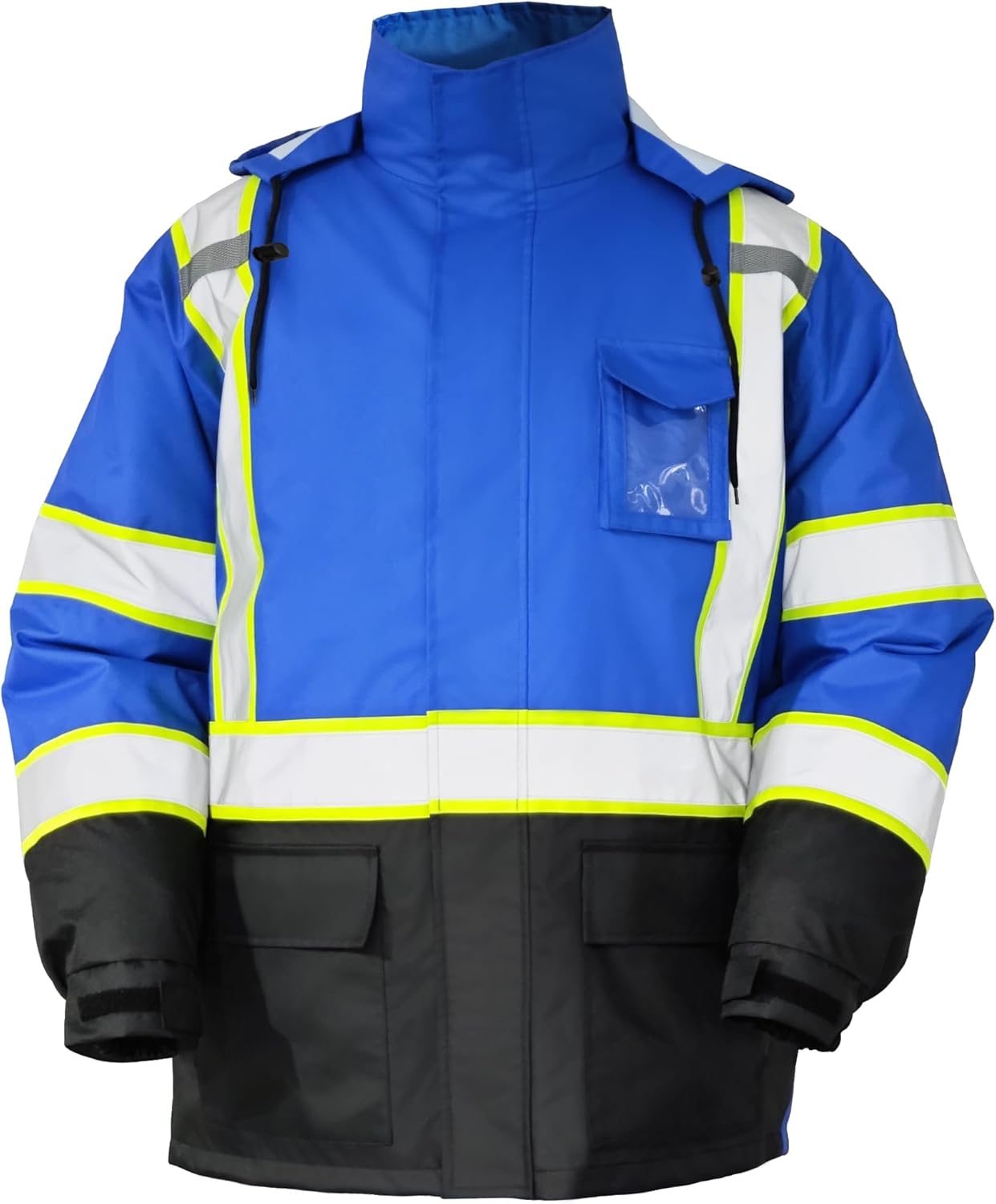 FATONE Hi Vis Rain Jacket for Men Lightweight Reflective Safety Rain Gear Waterproof with Hood, Class 3 Work Raincoat ANSI/ISEA Tested Blue L/XL