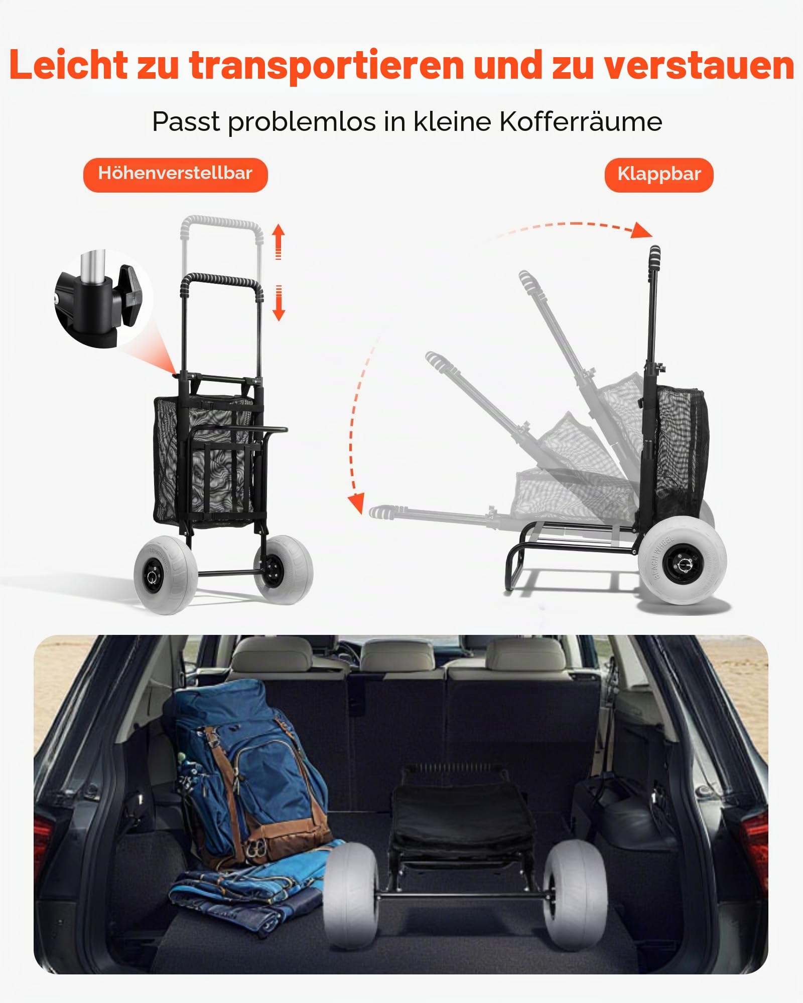 VEVOR Strandwagen Bollerwagen Transportkarre Transportwagen 13 Zoll(33 cm) Strandkarre faltbar 75 kg Tragfähigkeit mit 14 x 14,7 Zoll Ladefläche / 2 TPU-Räder/Handpumpe, Camping Garten Strand