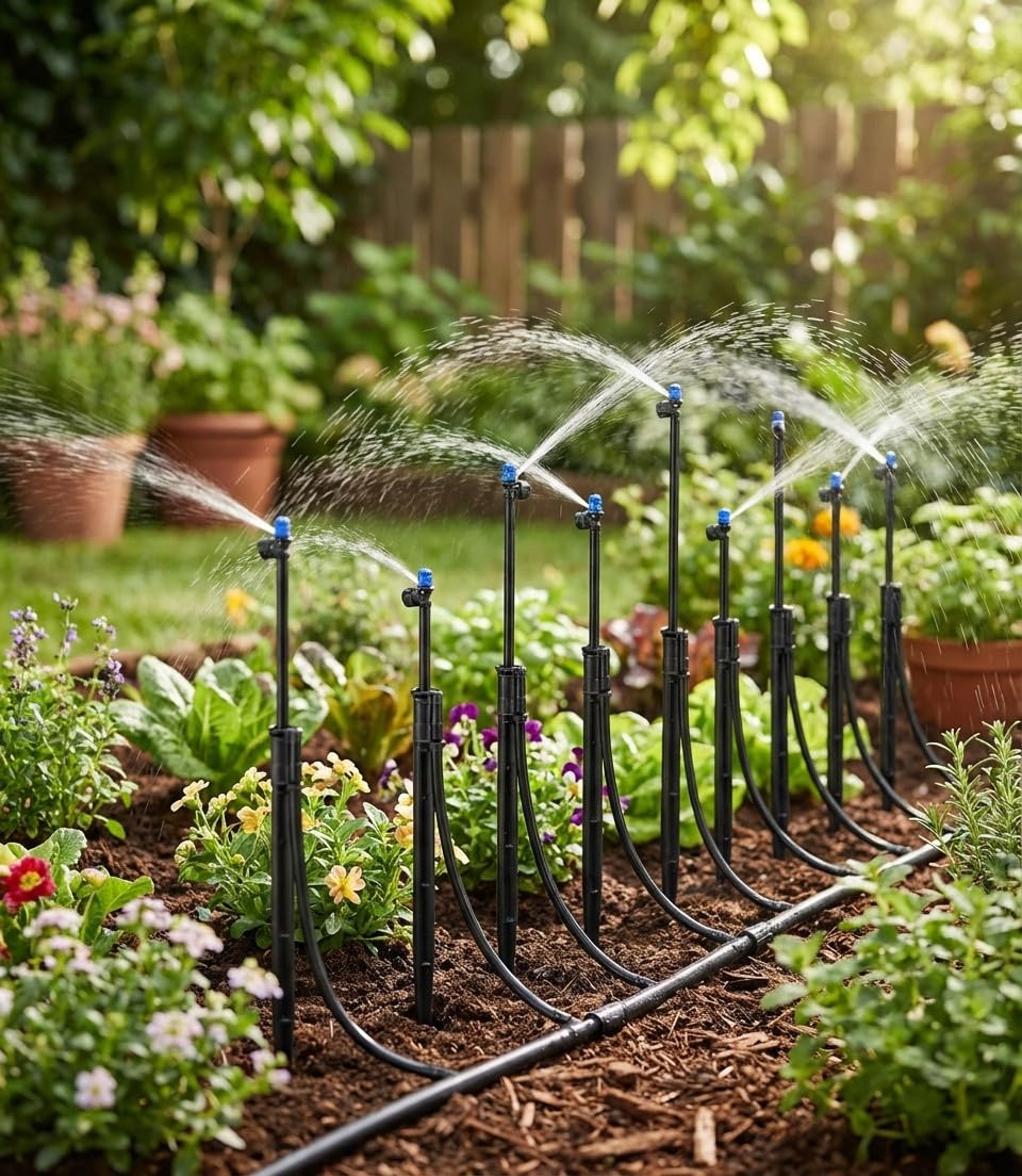 Suinga Microaspersor de Riego 180º Ajustable con Estaca y Microtubo 31 cm | Pack 10 Aspersores de Riego para Jardin | Aspersor de Riego para Plantas y Arriates