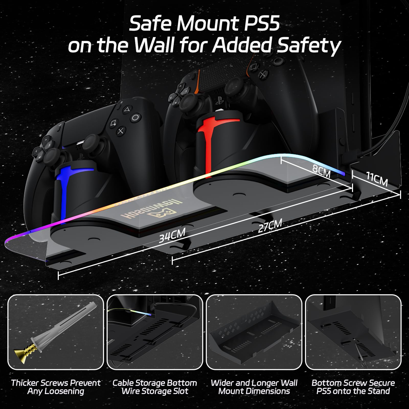 Hosanwell Kit di montaggio a parete per PS5 con stazione di ricarica, compatibile con PlayStation 5 e PS5 Slim e Pro, ricarica rapida 2 ore, stazione di ricarica a doppio uso con luce RGB