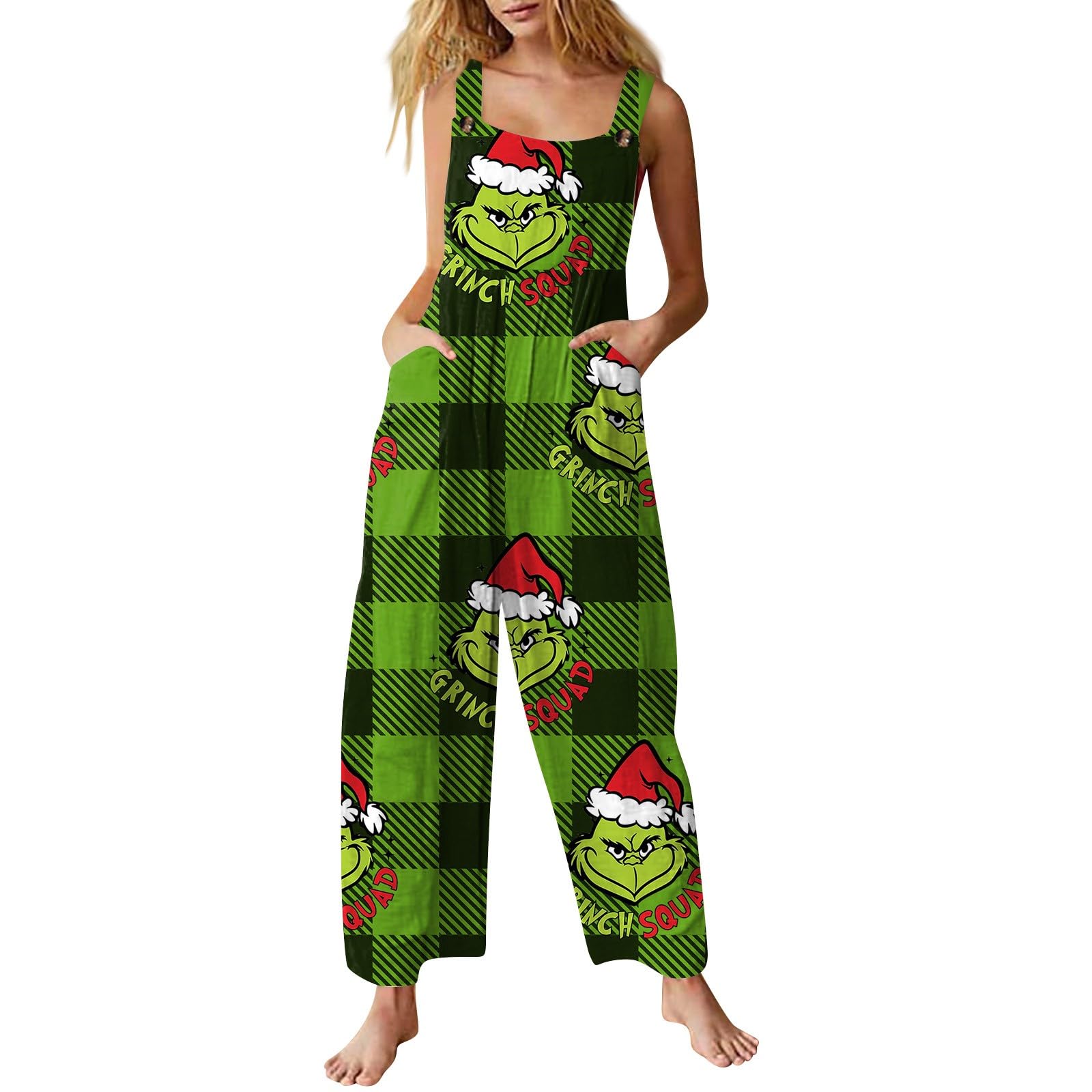 NAMTYQX Christmas Linen Overalls,Christmas Costumes for Women Santa Claus Print Rompers Party Jumpsuits Loose Fit Overall