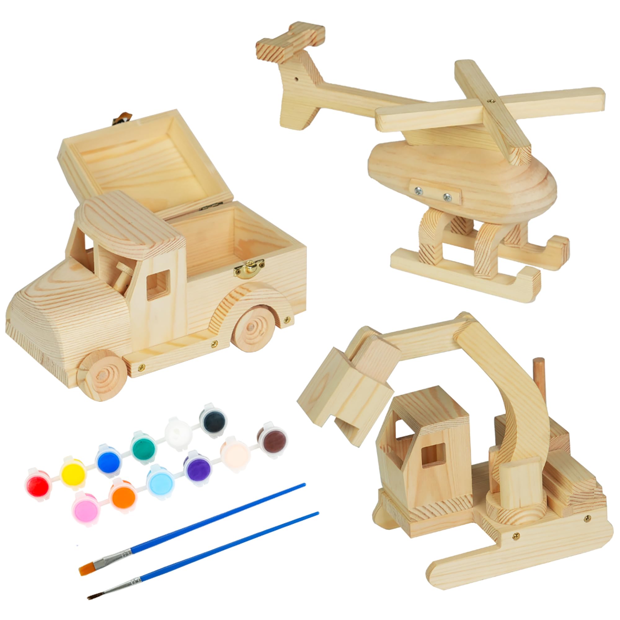 Easy Playhouse: Wood Building Toy Kit - DIY 3 Vehicle Projects: Helicopter, Truck & Excavator, 12 Paint Colors & 2 Brushes, Arts & Craft Set, Kids 8+