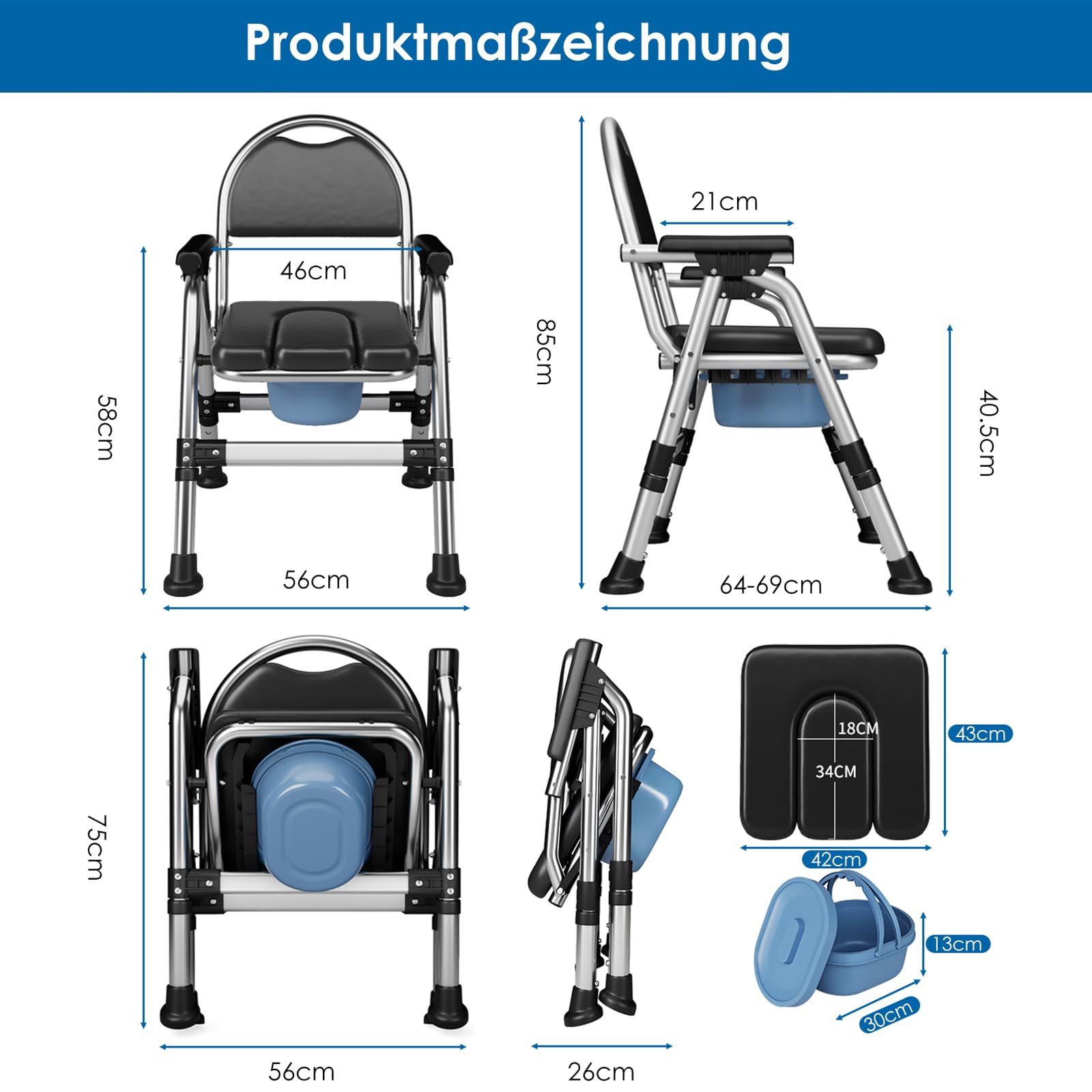Toilettenstühle für senioren faltbar, höhenverstellbaren toilettenstuhl Tragfähigkeit 200 kg, 50cm breit Edelstahl fahrbar fahrbarer duschstuhl mit papier halter,weicher Sitzfläche (TY-0312)